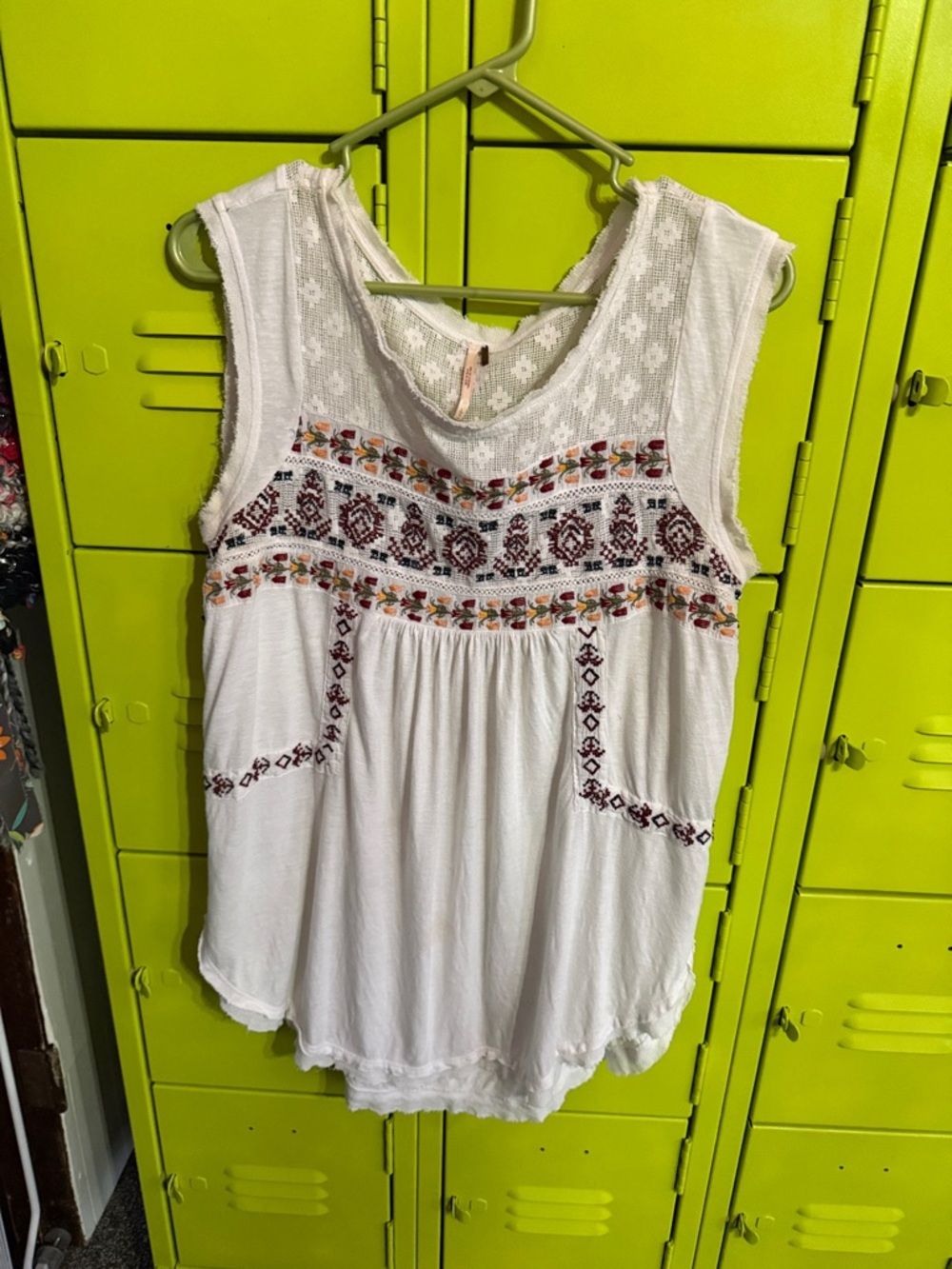 Free People White Embroidered Boho Camisole with Multicolor Accents